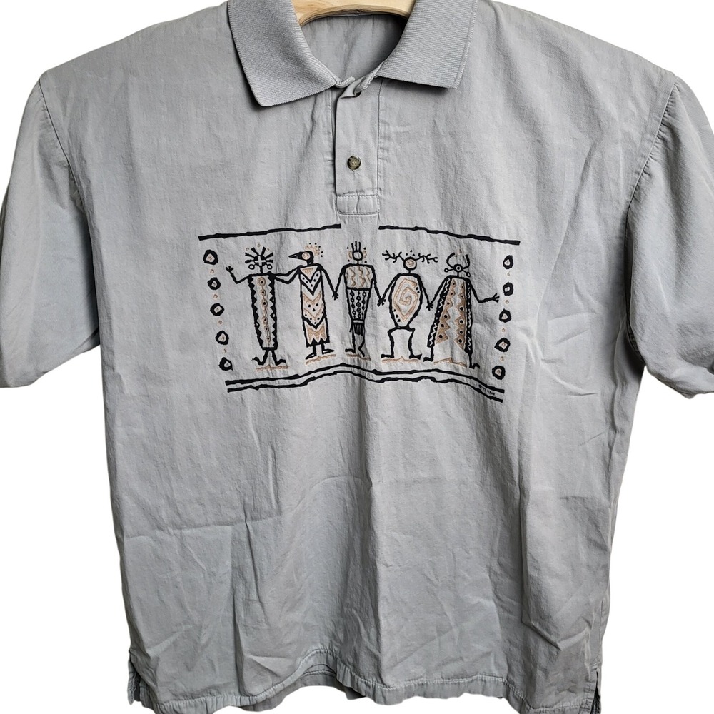 Vintage 90s 4Fun Originals Mens Large Gray Tribal‎ Print Polo Shirt Aztec Funky